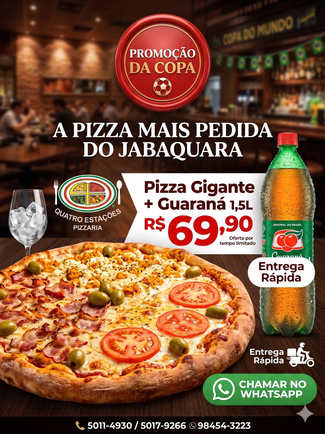 Promoção da Copa – Pizza Grande com 3 Sabores + Guaraná Antarctica 1,5L por R$ 69,90