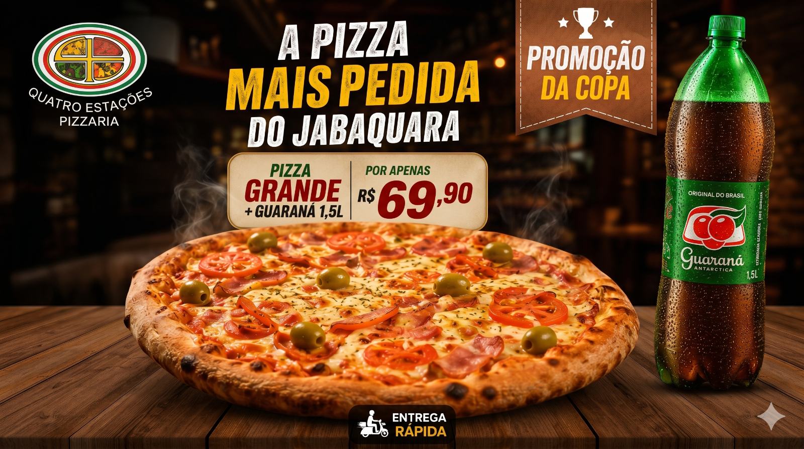 Promoção da Copa – Pizza Grande com 3 Sabores + Guaraná Antarctica 1,5L por R$ 69,90 · entrega no Jabaquara e região