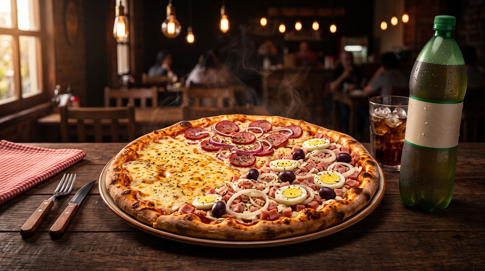 Pizza artesanal grande recém-saída do forno a lenha, com muçarela, calabresa e portuguesa — Pizzaria Nova Quatro Estações, Jabaquara