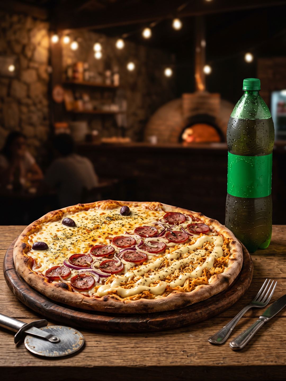 Pizza artesanal assada no forno a lenha, com muçarela, calabresa e frango — Pizzaria Nova Quatro Estações, Jabaquara